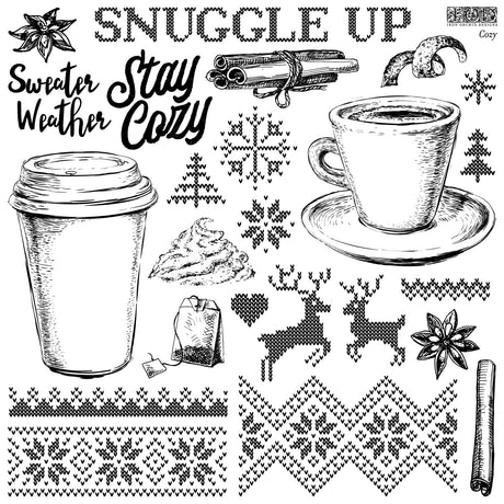 Cozy Stamp (2022) by I.O.D.—black and white designs featuring coffee cups, spices, and knits.
