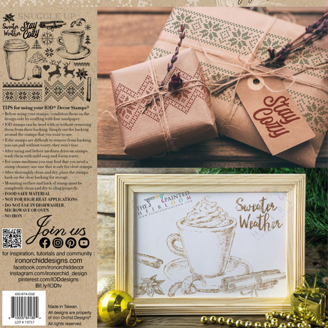 Cozy Stamp (2022) by I.O.D.: Framed drawing of cream-topped mug, gifts, cozy tag, and stamp instructions.