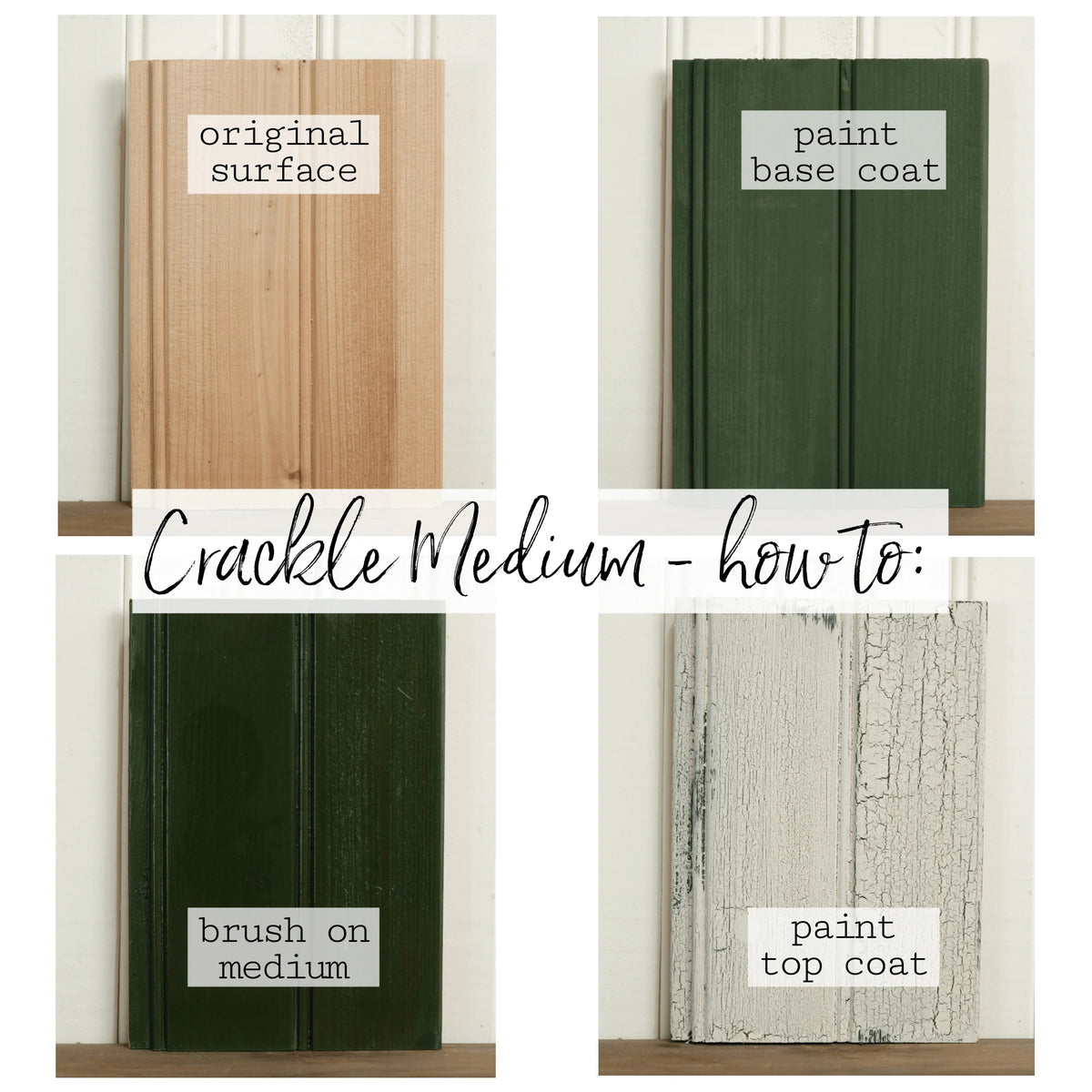 Four wood samples: original, green base, Crackle by Old Fashioned Milk Paint, and crackle milk paint top finish.