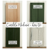 Four wood samples: original, green base, Crackle by Old Fashioned Milk Paint, and crackle milk paint top finish.