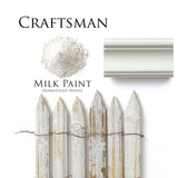 Homestead House Craftsman Milk Paint coverage on white powder, painted trim sample, and weathered picket fence.