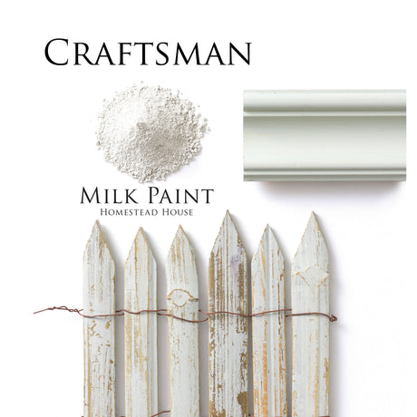 Homestead House Craftsman Milk Paint coverage on white powder, painted trim sample, and weathered picket fence.