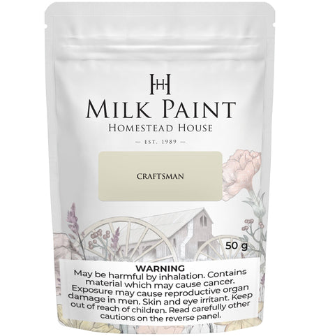 50g pouch of Craftsman Milk Paint by Homestead House, front label displaying health and safety warnings.