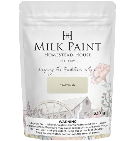 330g Craftsman Milk Paint by Homestead House with paint coverage, product, and warning info on the label.