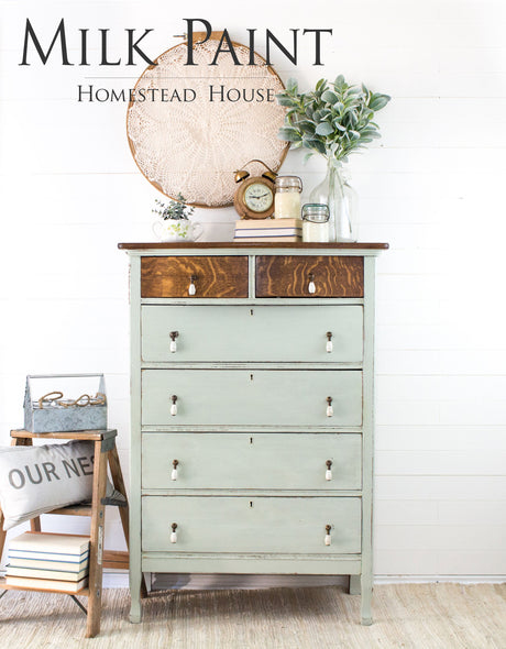 Light green dresser with wood accents, vintage decor, and plant. Homestead House Craftsman Milk Paint shown.
