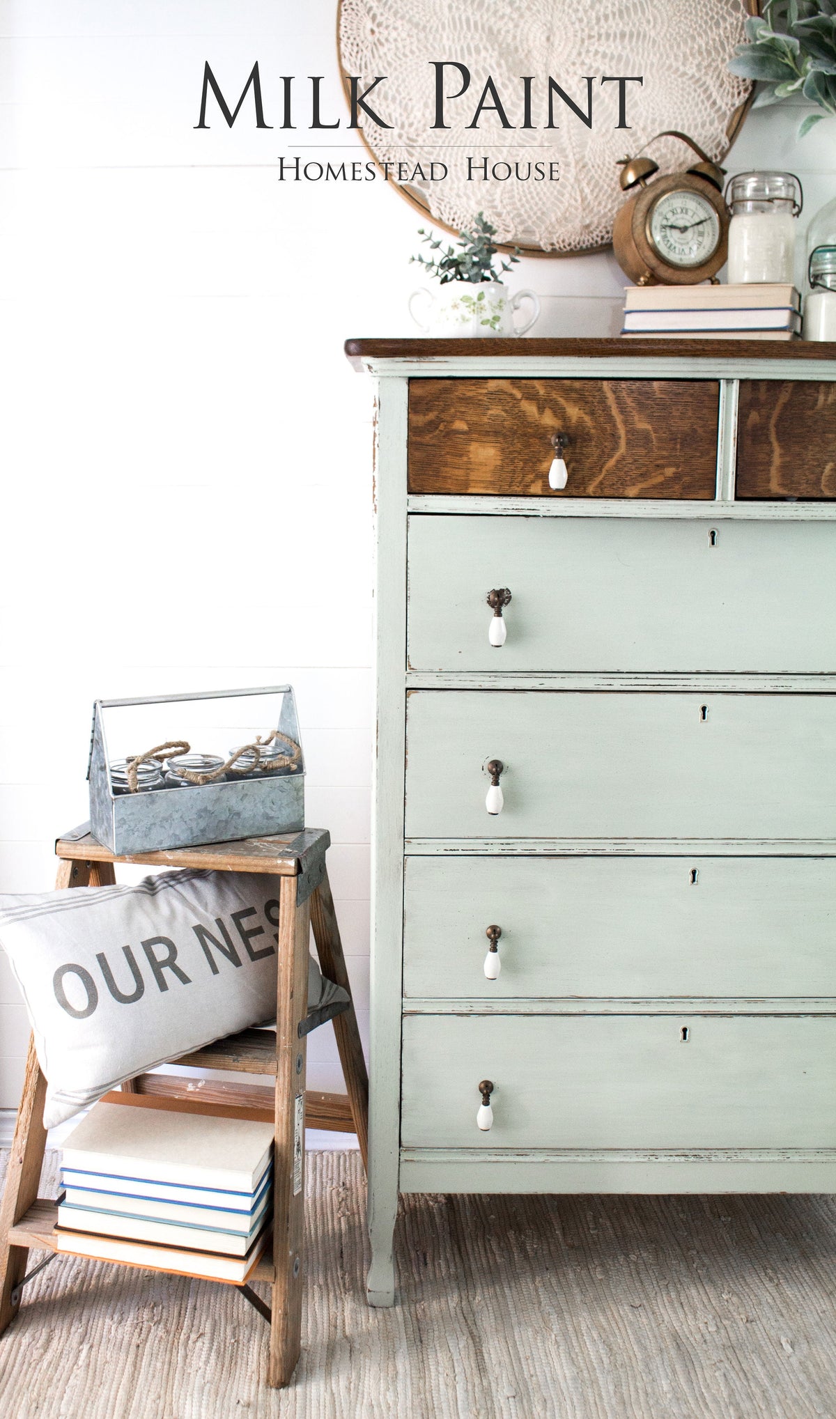 Dresser and step stool painted in Craftsman Milk Paint by Homestead House, styled with books.