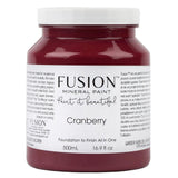 500mL jar of Fusion Mineral Paint in Cranberry, a rich burgundy red, Foundation to Finish All in One furniture paint.