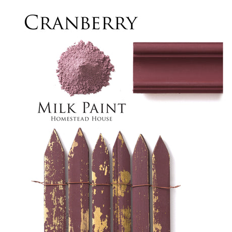 Cranberry Milk Paint by Homestead House shown as powder, on trim, and on distressed fence with gold highlights.
