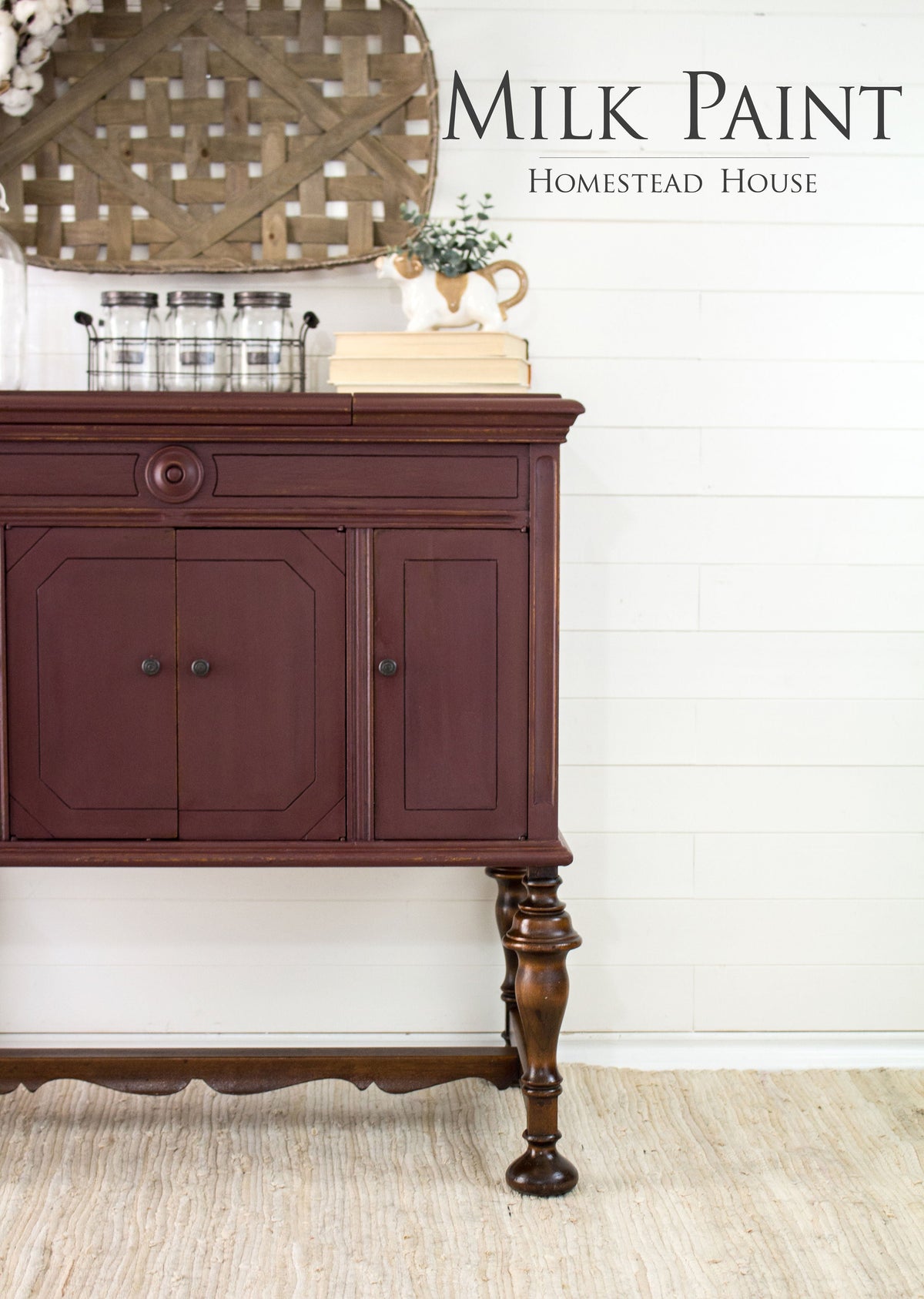 Dark wood sideboard with text overlay: Cranberry Milk Paint by Homestead House.