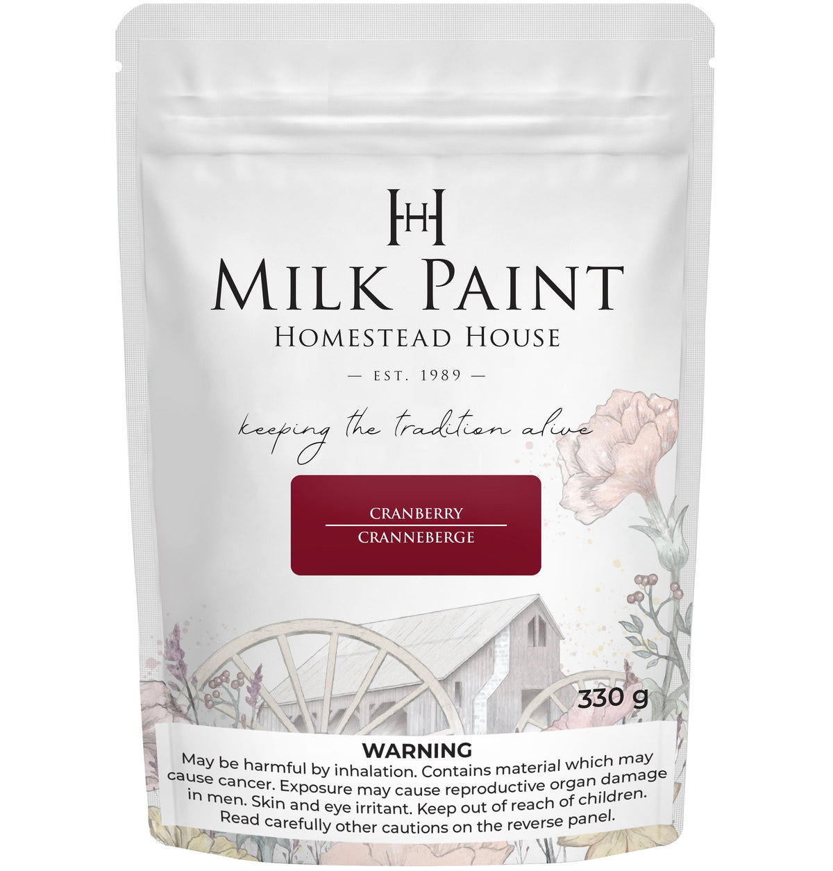 Homestead House Cranberry Milk Paint 330g pouch with wagon wheel and floral label design.