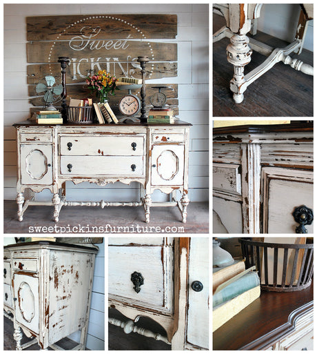 Sideboard painted in Creamy by Old Fashioned Milk Paint with ornate legs, black hardware, and detailed close-ups.