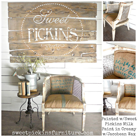 Rustic chair with burlap upholstery next to a round table, Old Fashioned Creamy Milk Paint sign displayed nearby.