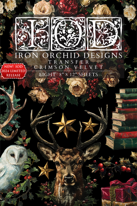 Crimson Velvet Transfer by I.O.D., 2024 release, with floral border, deer, owl, and books motif. Limited edition.