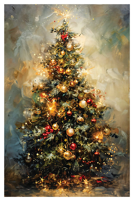 Crimson Velvet Transfer (2024) by I.O.D. displayed with a tree decorated with gold and red ornaments, lights, and gifts.
