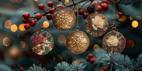 Five round gold and floral ornaments with I.O.D. Crimson Velvet 2024 Limited Transfer on a pine branch.