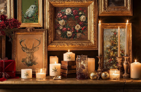 Candles, gold ornaments, and I.O.D. Crimson Velvet Transfer (2024 Limited Release) on a wooden mantel.