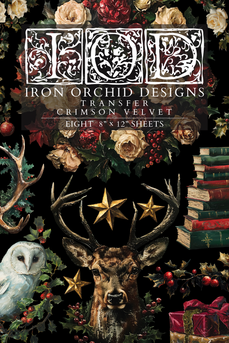 Crimson Velvet Transfer by I.O.D., 2024 Ltd, with roses, stag, owl, and books design.