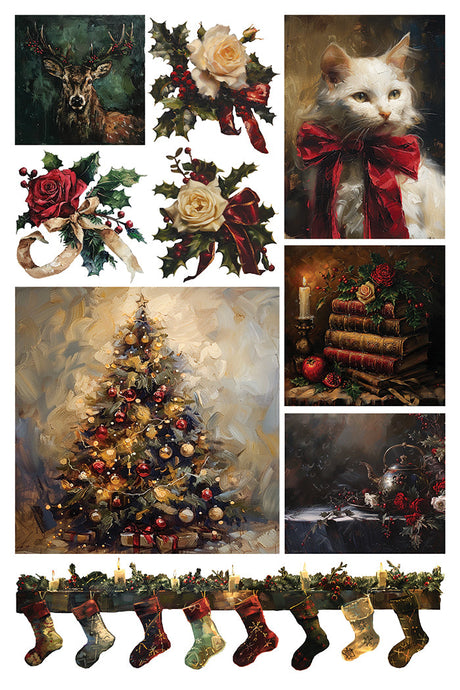 I.O.D. Crimson Velvet Transfer with books, candles, teapot, and festive Christmas decor including stockings.