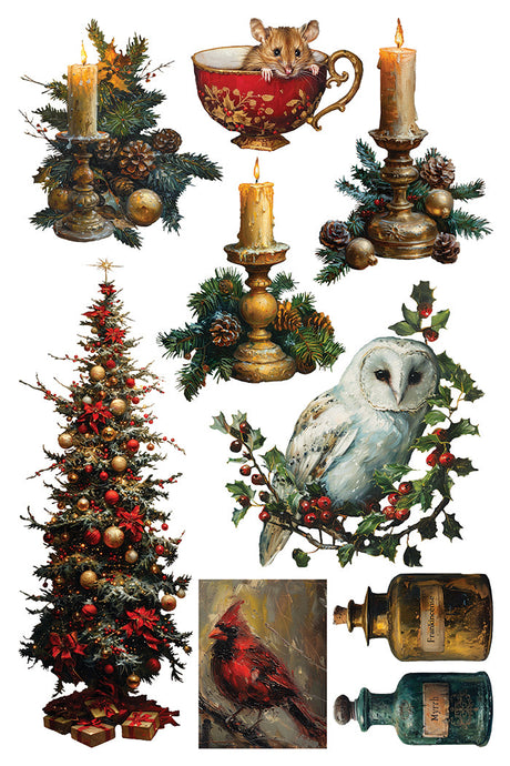 Mouse in teacup, owl, cardinal, potion bottles, and I.O.D. Crimson Velvet Transfer Christmas tree decor set.
