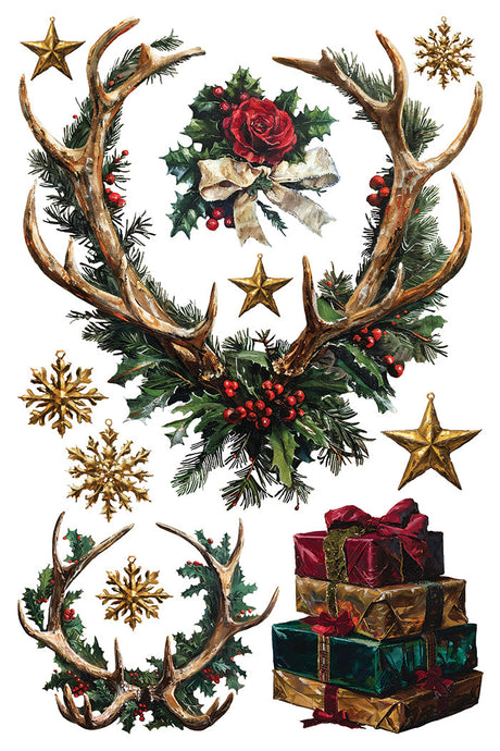 Crimson Velvet Transfer by I.O.D. featuring festive antlers, greenery, berries, and a bow; limited-edition design.
