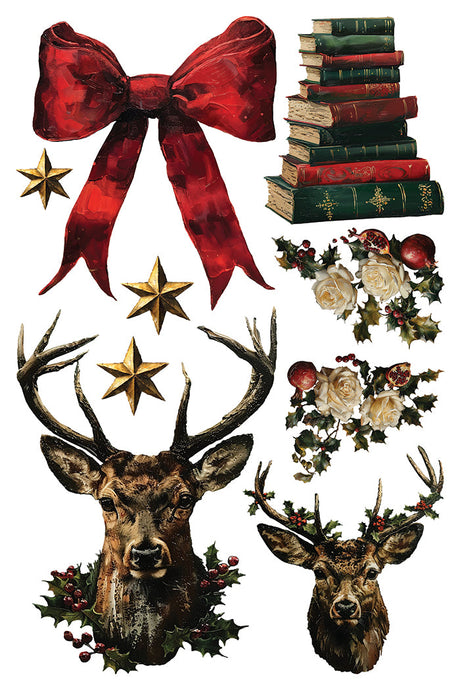 Christmas stickers set with deer heads, books, gold stars, and I.O.D. Crimson Velvet Transfer (2024 Limited Release) red bow.
