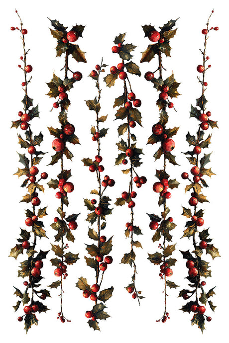 Crimson Velvet Transfer by I.O.D. shows rows of holly with red berries on a white background.
