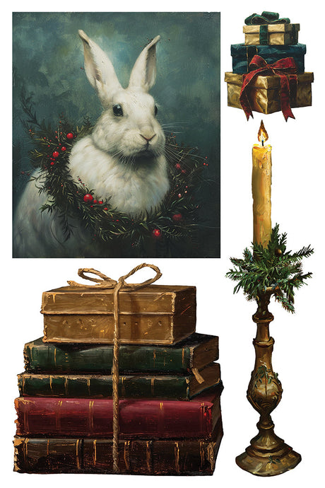 Crimson Velvet Transfer by IOD: White rabbit with Christmas wreath, gifts, books, and lit candle with greenery.