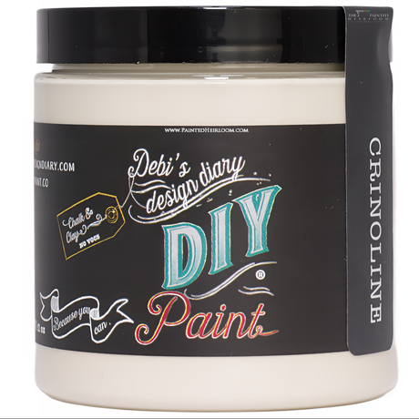 Crinoline DIY Paint jar by DIY Paint Co., black label with colorful text.
