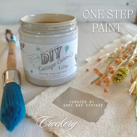 Crockery DIY Cottage Color paint by DIY Paint Co. with blue brush, dried flowers, and fabric swatch.