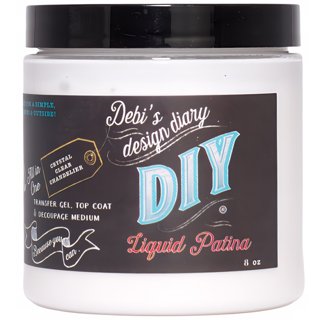 8 oz white container of DIY Paint Co. Crystal Clear Chandelier Liquid Patina with a vibrant label design.