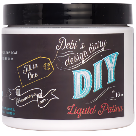 16 oz white jar labeled DIY Paint Co. Crystal Clear Chandelier Liquid Patina, all-in-one decoupage medium.
