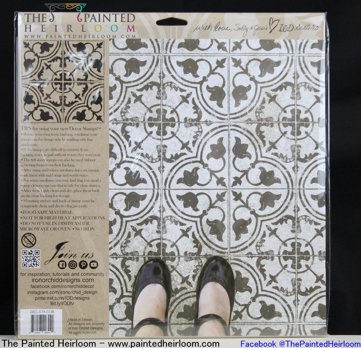 Person wearing black shoes on Cubano Tile Stamp (Retired) by I.O.D. patterned floor.