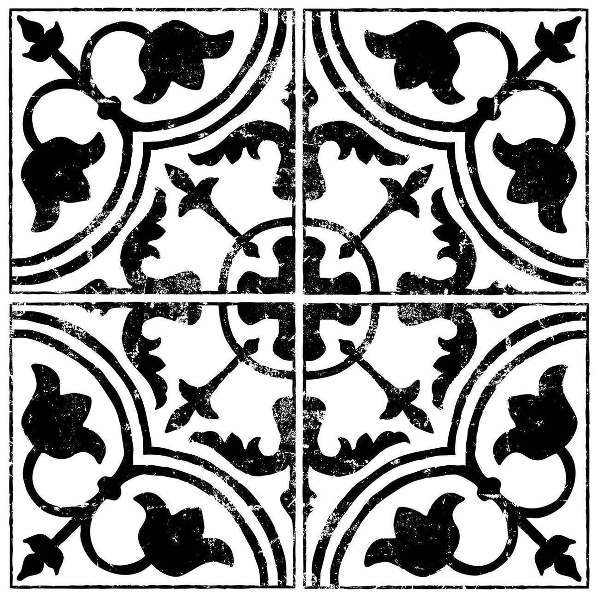 Black and white tile with floral vine pattern, made using I.O.D. Cubano Tile Stamp (Retired) by Iron Orchid Designs.
