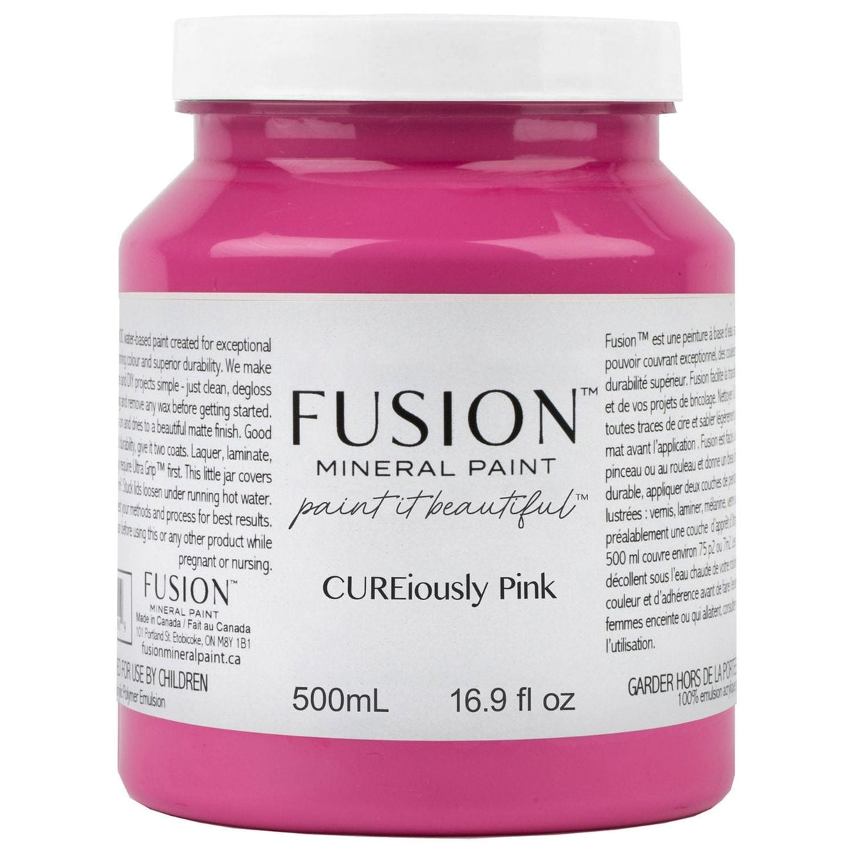 Fusion Mineral Paint CUREiously Pink, 500mL jar with white label, gray lid; UV protected, limited release.