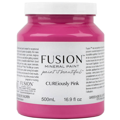 Fusion Mineral Paint CUREiously Pink, 500mL jar with white label, gray lid; UV protected, limited release.