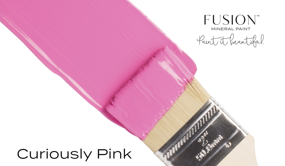 Paintbrush with CUREiously Pink (Limited Release) Fusion Mineral Paint on a plain white background.