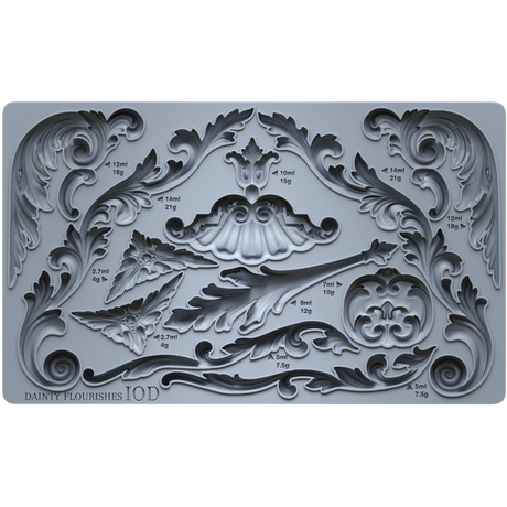 Dainty Flourishes Mould by I.O.D. with ornate floral and scroll silicone designs from Iron Orchid Designs.