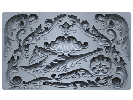 Dainty Flourishes Mould by IOD, gray silicone tray with ornate baroque patterns and embossed measurements.