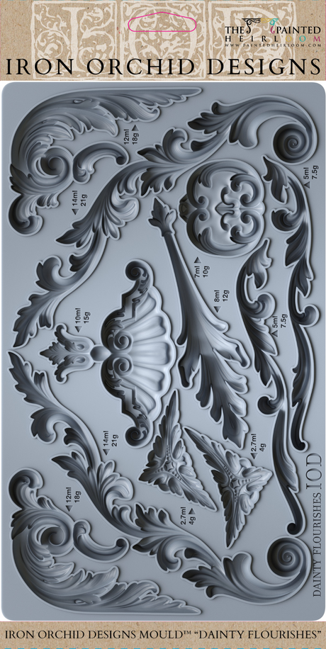 Dainty Flourishes Mould by I.O.D., silicone mould with floral and scroll designs from Iron Orchid Designs.