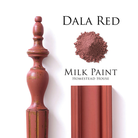 Homestead House Dala Red Milk Paint shown as red powder, on wood trim, and on a wooden spindle.