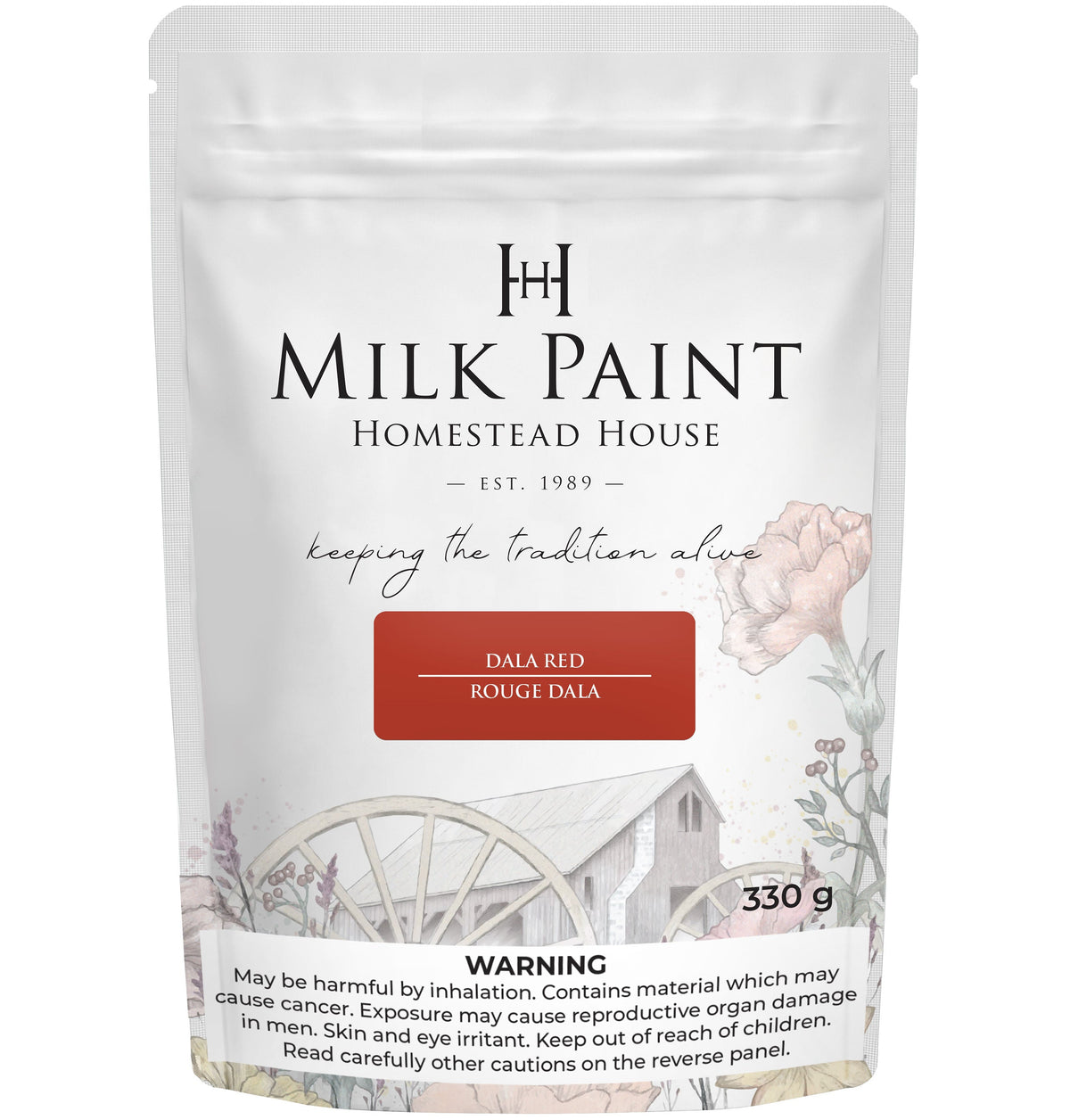 330g Dala Red Milk Paint by Homestead House, bag with floral design and warning label at the bottom.