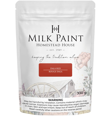 330g Dala Red Milk Paint by Homestead House, bag with floral design and warning label at the bottom.