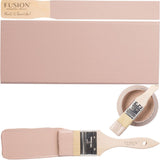 Fusion Mineral Paint Damask brush, painted board, and open can with dipped brush in matte finish.