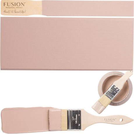 Fusion Mineral Paint Damask brush, painted board, and open can with dipped brush in matte finish.