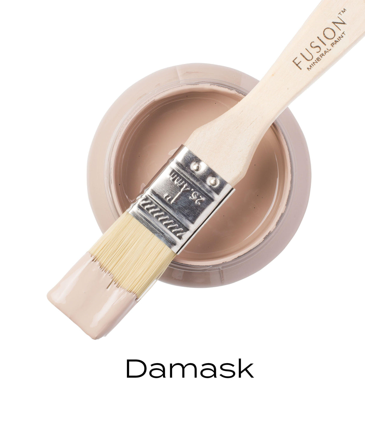 Open Damask Fusion Mineral Paint jar with paintbrush resting on top, bristles dipped in matte finish paint.
