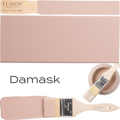 Damask Fusion Mineral Paint swatches and brushes displaying matte paint finish.