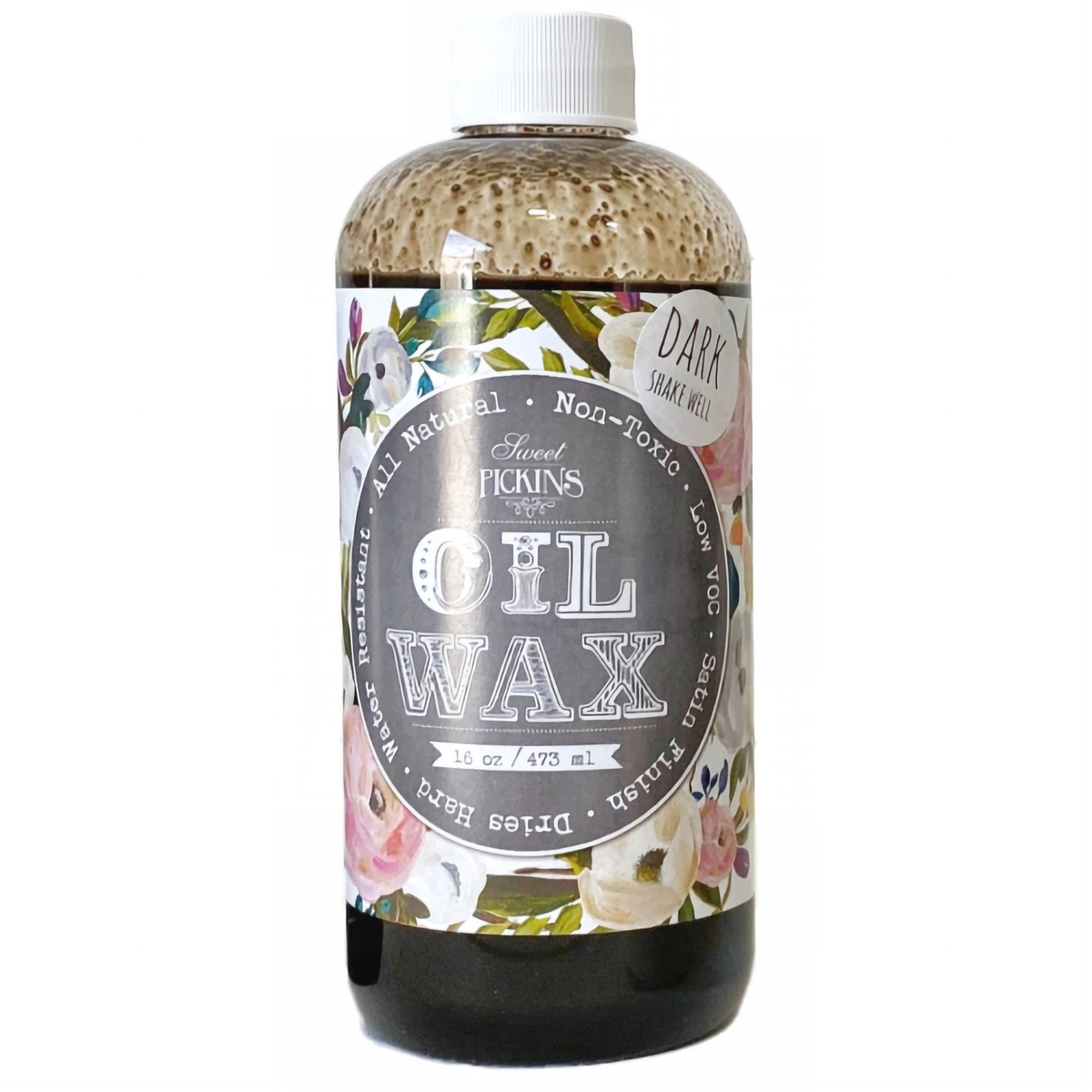 Dark Oil Wax by Sweet Pickins from Old Fashioned Milk Paint, bottle with floral label and clear cap.