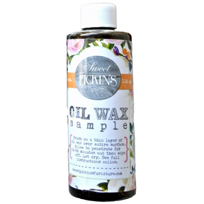 Bottle labeled Dark Oil Wax by Sweet Pickins with instructions, natural wood finish from Old Fashioned Milk Paint.