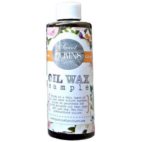 Bottle labeled Dark Oil Wax by Sweet Pickins with instructions, natural wood finish from Old Fashioned Milk Paint.