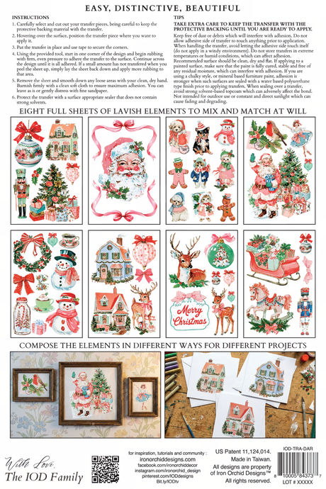 Darling Holiday (2026) I.O.D. transfer sheet with retro Christmas designs, instructions, and project samples included.